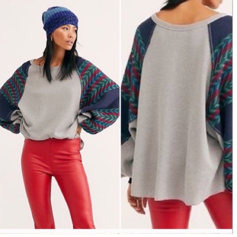 We The Free BOHO southwestern sweater long sleeve waffle gray, blue, green MED